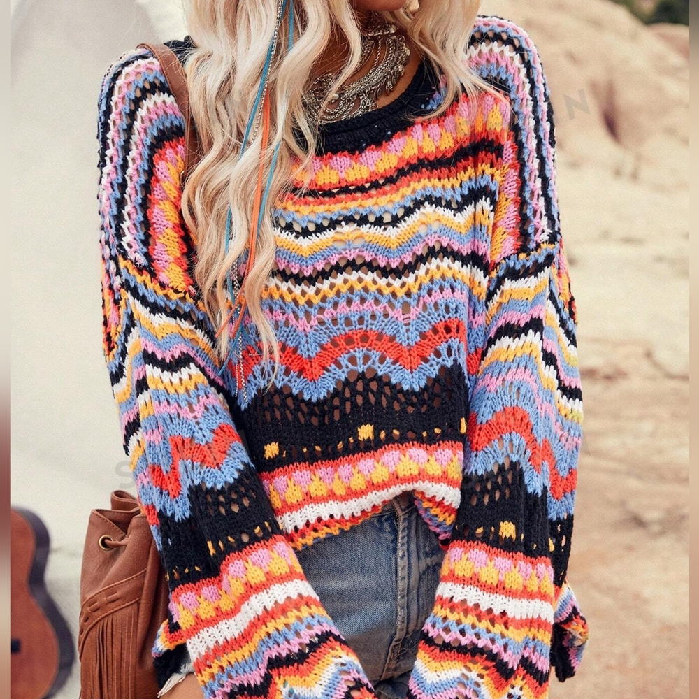Bohemian Bell Sleeve Light Sweater Loose Fit Multicolor Knit Eyelet Stretchy - Picture 4 of 5